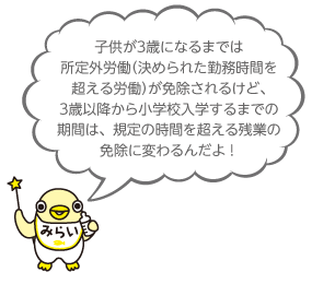 イラスト みらいちゃん「子供が3歳になるまでは所定外労働（決められた勤務時間を超える労働）が免除されるけど、3歳以降から小学校入学するまでの期間は、規定の時間を超える残業の免除に変わるんだよ！」